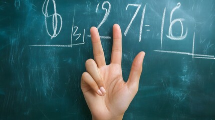 Counting Fingers: A hand showing three fingers against a chalkboard with math equations.
