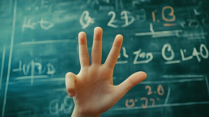 Counting Fingers: A hand showing three fingers against a chalkboard with math equations.
