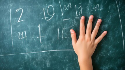 Counting Fingers: A hand showing three fingers against a chalkboard with math equations.
