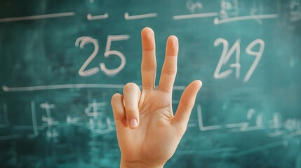 Counting Fingers: A hand showing three fingers against a chalkboard with math equations.

