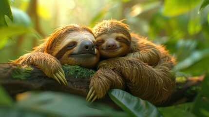 Obraz premium Adorable Cartoon Sloths: Mother and Baby on Rainforest Branch, Sleeping Funny Sloth on Jungle Tree - Vector Set