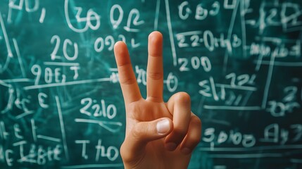 Counting Fingers: A hand showing three fingers against a chalkboard with math equations.
