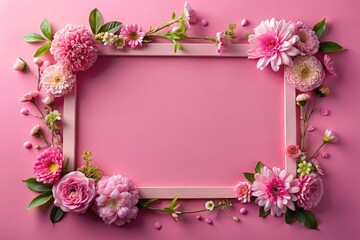 Elegant pink floral frame with blossoms and leaves on pink background