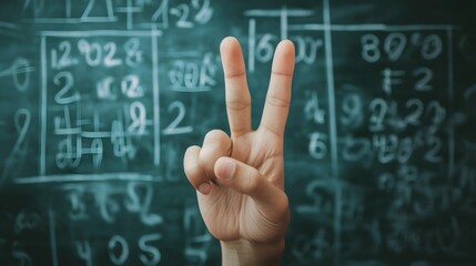 Counting Fingers: A hand showing three fingers against a chalkboard with math equations.
