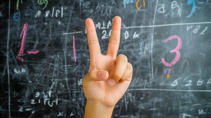 Counting Fingers: A hand showing three fingers against a chalkboard with math equations.

