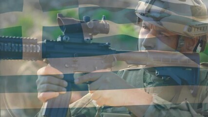 Animation of flag of greece over caucasian soldier with gun - Powered by Adobe