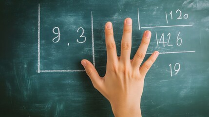 Counting Fingers: A hand showing three fingers against a chalkboard with math equations.
