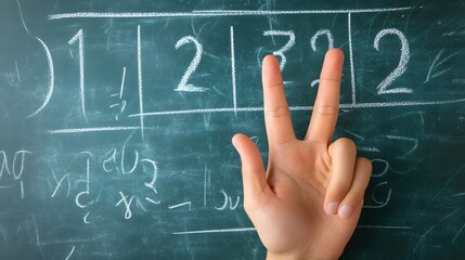 Counting Fingers: A hand showing three fingers against a chalkboard with math equations.
