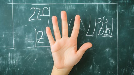 Counting Fingers: A hand showing three fingers against a chalkboard with math equations.
