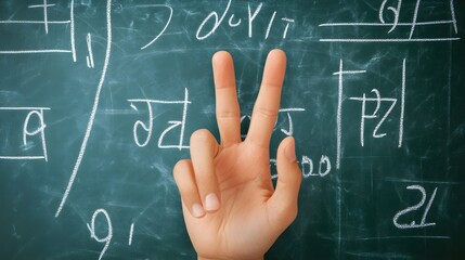 Counting Fingers: A hand showing three fingers against a chalkboard with math equations.

