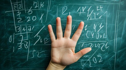 Counting Fingers: A hand showing three fingers against a chalkboard with math equations.
