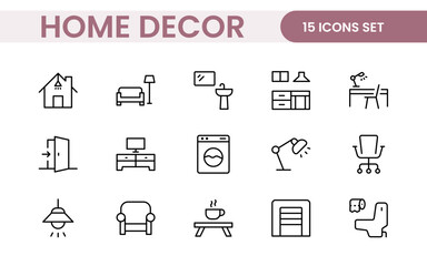 Elegant Interior and Home Decor Icons: A Stylish Set for Designing, Decorating, Renovating, and Enhancing Home Interiors with Visual Appeal