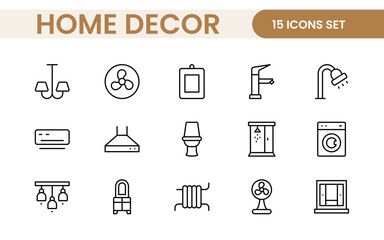 Elegant Interior and Home Decor Icons: A Stylish Set for Designing, Decorating, Renovating, and Enhancing Home Interiors with Visual Appeal