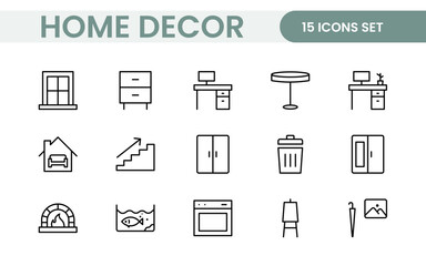 Elegant Interior and Home Decor Icons: A Stylish Set for Designing, Decorating, Renovating, and Enhancing Home Interiors with Visual Appeal