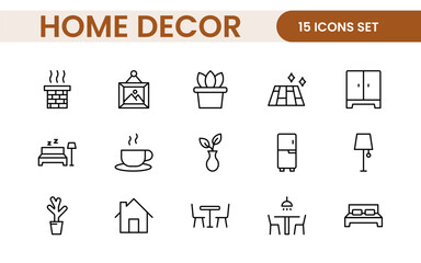 Elegant Interior and Home Decor Icons: A Stylish Set for Designing, Decorating, Renovating, and Enhancing Home Interiors with Visual Appeal
