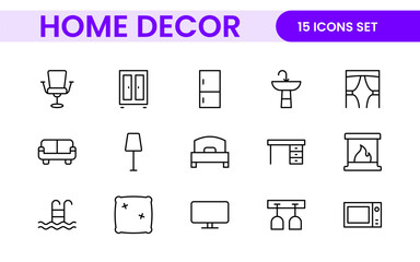 Elegant Interior and Home Decor Icons: A Stylish Set for Designing, Decorating, Renovating, and Enhancing Home Interiors with Visual Appeal