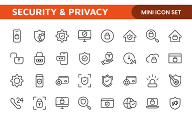 Set of Security web icons in line style. Guard, cyber security, password, smart home, safety, data protection, key, shield, lock, unlock, eye access. Security outline icon set.