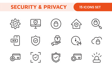 Set of Security web icons in line style. Guard, cyber security, password, smart home, safety, data protection, key, shield, lock, unlock, eye access. Security outline icon set.