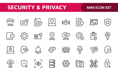 Set of Security web icons in line style. Guard, cyber security, password, smart home, safety, data protection, key, shield, lock, unlock, eye access. Security outline icon set.