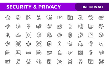 Set of Security web icons in line style. Guard, cyber security, password, smart home, safety, data protection, key, shield, lock, unlock, eye access. Security outline icon set.