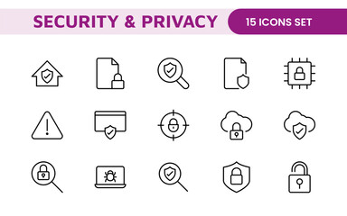 Set of Security web icons in line style. Guard, cyber security, password, smart home, safety, data protection, key, shield, lock, unlock, eye access. Security outline icon set.