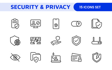 Set of Security web icons in line style. Guard, cyber security, password, smart home, safety, data protection, key, shield, lock, unlock, eye access. Security outline icon set.
