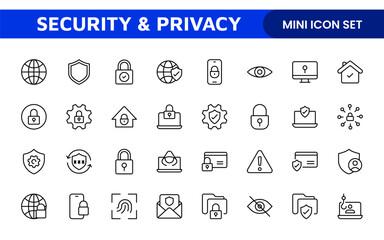 Set of Security web icons in line style. Guard, cyber security, password, smart home, safety, data protection, key, shield, lock, unlock, eye access. Security outline icon set.