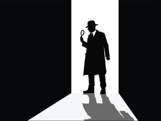 A detective in an open doorway, holding a magnifying glass.