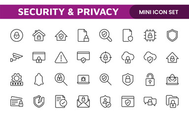 Set of Security web icons in line style. Guard, cyber security, password, smart home, safety, data protection, key, shield, lock, unlock, eye access. Security outline icon set.