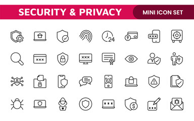 Set of Security web icons in line style. Guard, cyber security, password, smart home, safety, data protection, key, shield, lock, unlock, eye access. Security outline icon set.