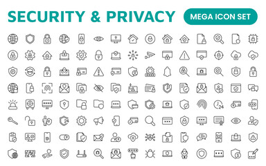 Set of Security web icons in line style. Guard, cyber security, password, smart home, safety, data protection, key, shield, lock, unlock, eye access. Security outline icon set.