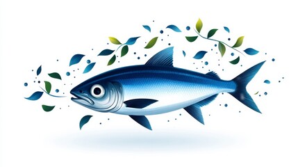 Obraz premium Vibrant illustration of a fish surrounded by leaves, capturing the beauty of marine life and nature's harmony.