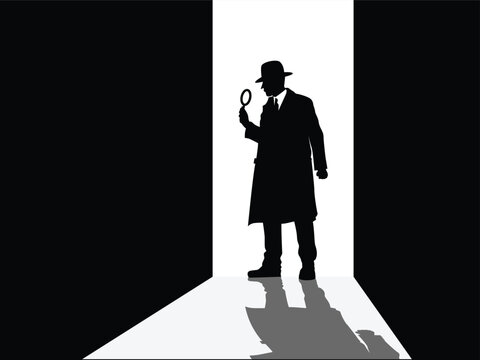 A detective in an open doorway, holding a magnifying glass.