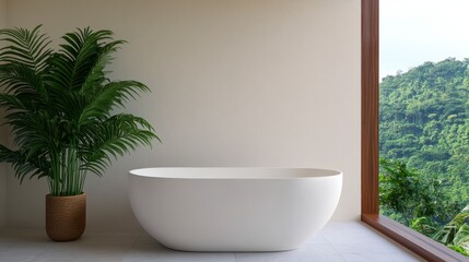 Fototapeta premium Modern bathroom featuring a sleek white bathtub, green plant, and large window with a stunning natural view.