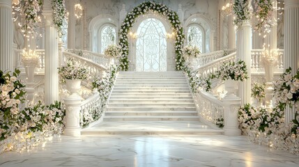 Grand Wedding Ceremony Venue With White Flowers and Marble Staircase
