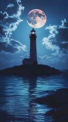 Illuminated Lighthouse on a Rocky Coast under a Full Moon