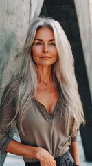 Fototapeta premium Beautiful Charming 55 year old tall woman supermodel outdoors outdoor park