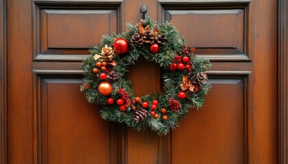 Fototapeta premium A Christmas wreath hangs on a brown wooden door. This image is perfect for greeting cards, social media posts, or website banners.