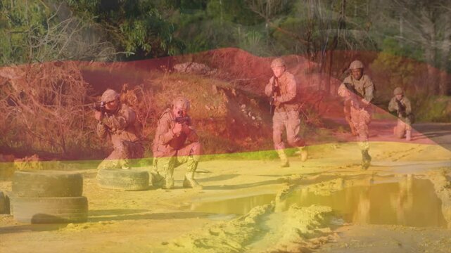 Animation of flag of germany over diverse soldiers with guns shooting