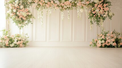 Fototapeta premium White Wall Background with Floral Decorations for Wedding or Event