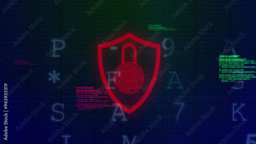 Poster Animation of biometric fingerprint with shield and digital data processing on dark background
