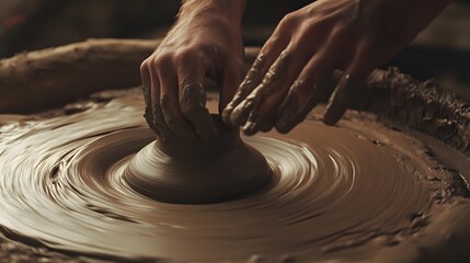 Fototapeta premium Hand Pressing Clay on a Wheel: Fingers pressing down on a spinning clay mound, with the wheel in motion and clay slowly rising under the guidance of the hands. 