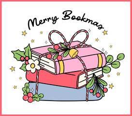 Christmas bookish reading doodle Festive retro stack book gift for greeting cards, stickers, and shirt designs.