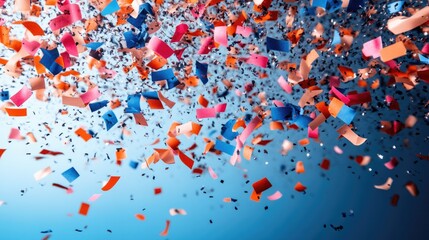 Confetti falls on blue background. A photo of colorful confetti falling against a blue backdrop, perfect for celebrating birthdays, holidays, or any special occasion.