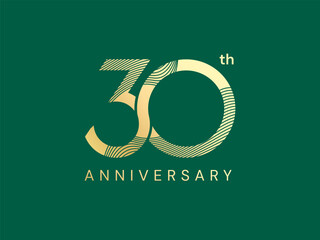 30th Anniversary luxury gold celebration with Abstract Curved Wave Lines in number logo typography vector design twisted infinity concept. Thirty years anniversary gold for celebration event, business
