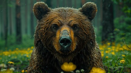 Obraz premium Bear Muzzle in Forest Clearing - Detailed Close-Up Portrait of Wild Animal with Fisheye Effect for Postcard Cover Design