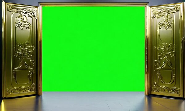 Ornate Golden Doors Open to Green Screen Background - 4K Video Stock for Luxury Mockups.