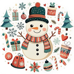 Cute Christmas illustration featuring a snowman with festive decorations and gifts

