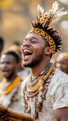 African men singing with energetic rhythm and harmony at a dynamic cultural celebration with traditional attire.