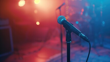 Obraz premium Closeup of a microphone stand against a small concert venue background with a program cover. Concept Music Photography, Concert Setting, Microphone Stand, Closeup Shot, Venue Background 